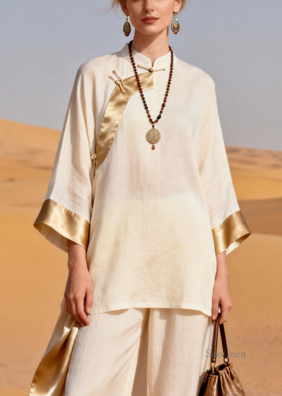 Beige Low High Design Silk Patchwork Two-Piece Set Chinese Button Spring
