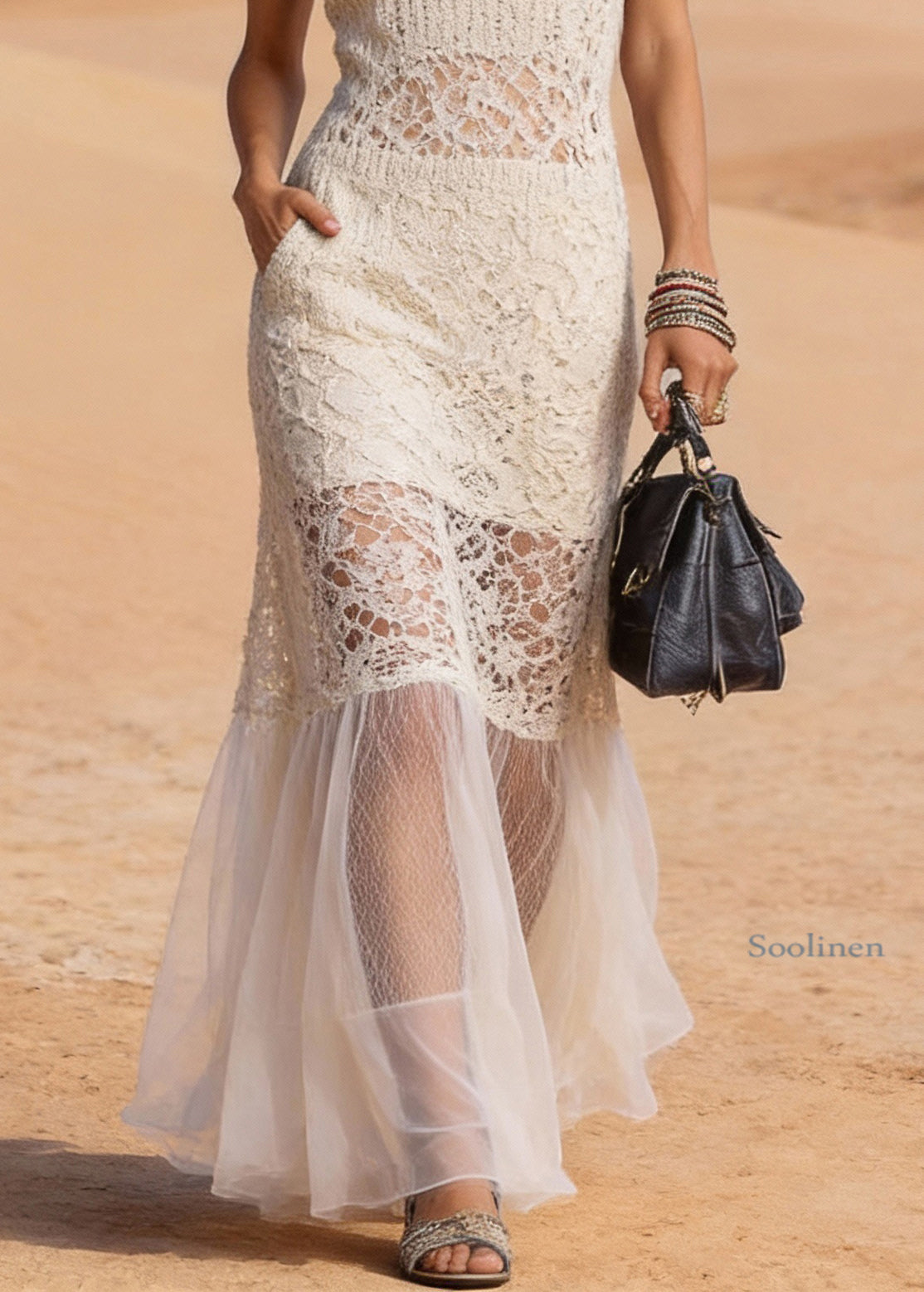 Beige Pockets Lace Tulle Patchwork Knit Long Dresses V Neck Summer