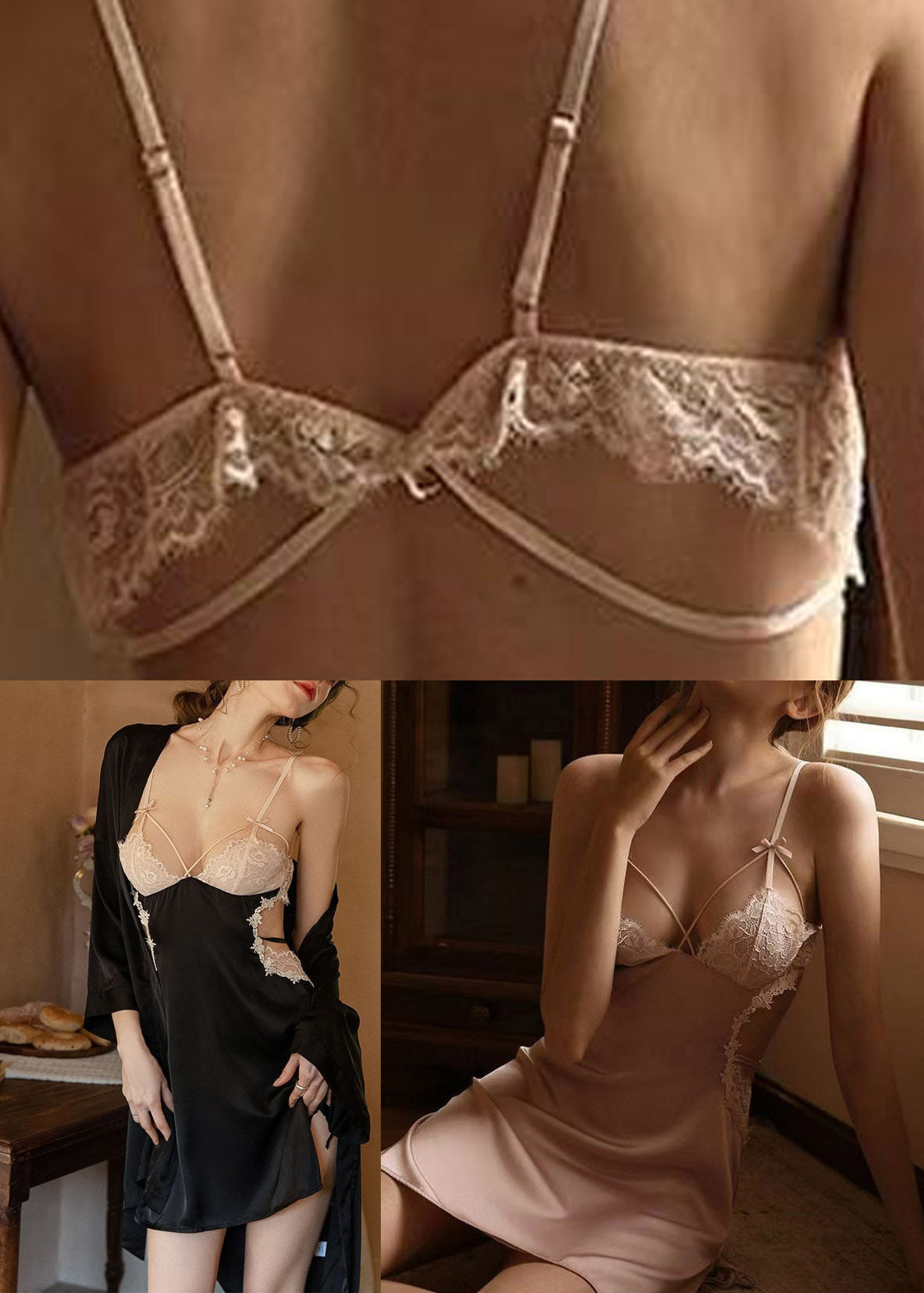 Black Backless Ice Silk Cardigans And Slips Lingerie Set