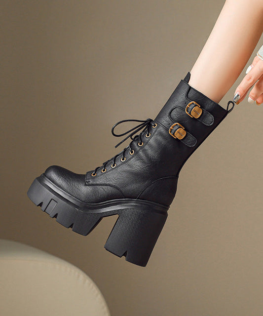 Black Boots Chunky Cowhide Leather Casual Splicing Boots