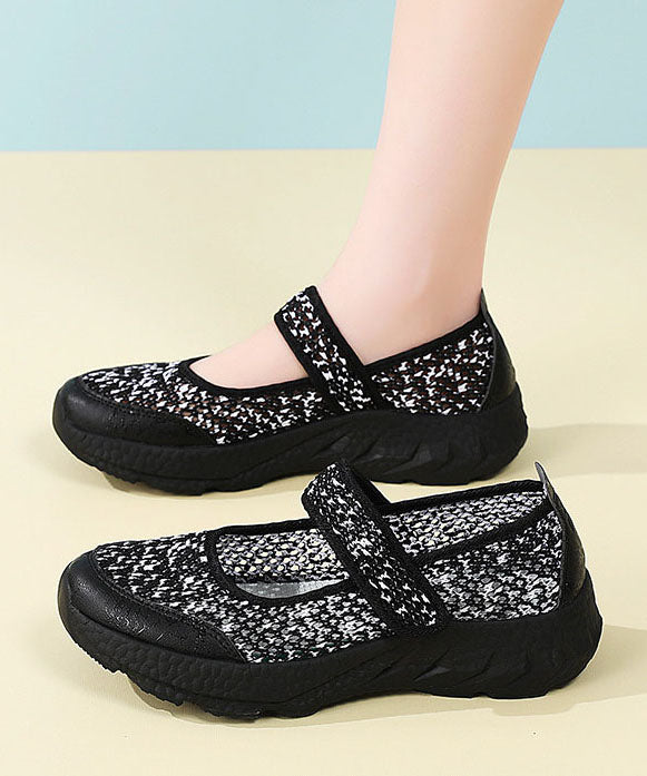 Black Breathable Mesh Flat Feet Shoes Splicing Buckle Strap