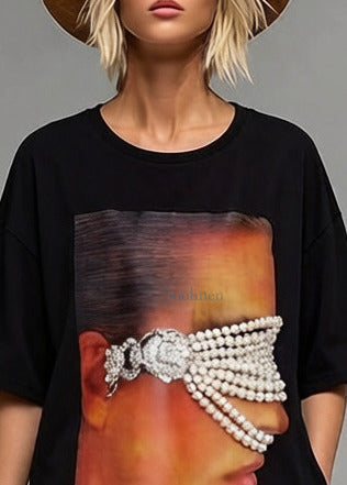 Black Patchwork Cotton Long Tops Oversized Print Pearl Summer
