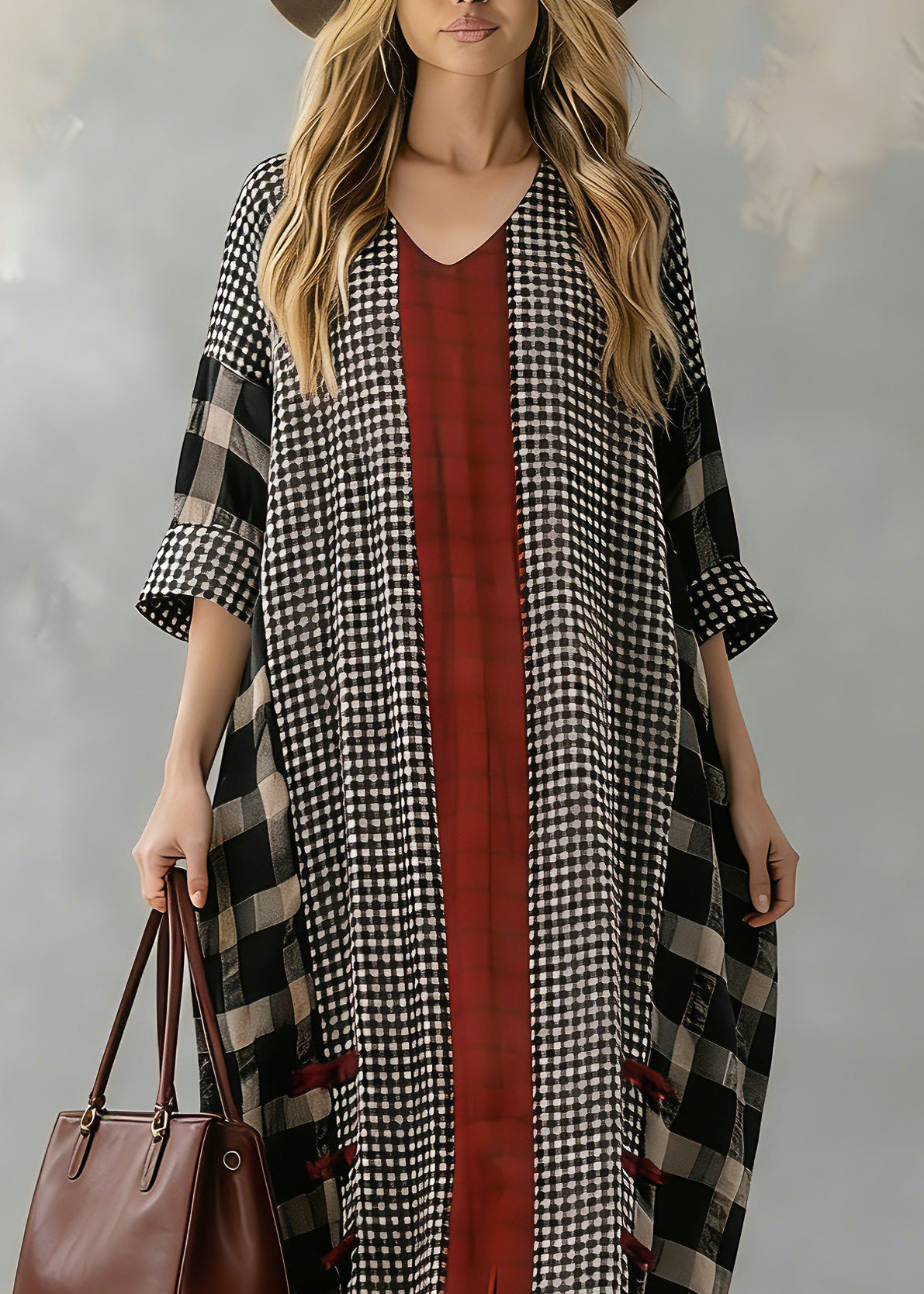 Black Plaid Autumn Loose Fitting V Neck Patchwork Traveling Clothing Vintage
