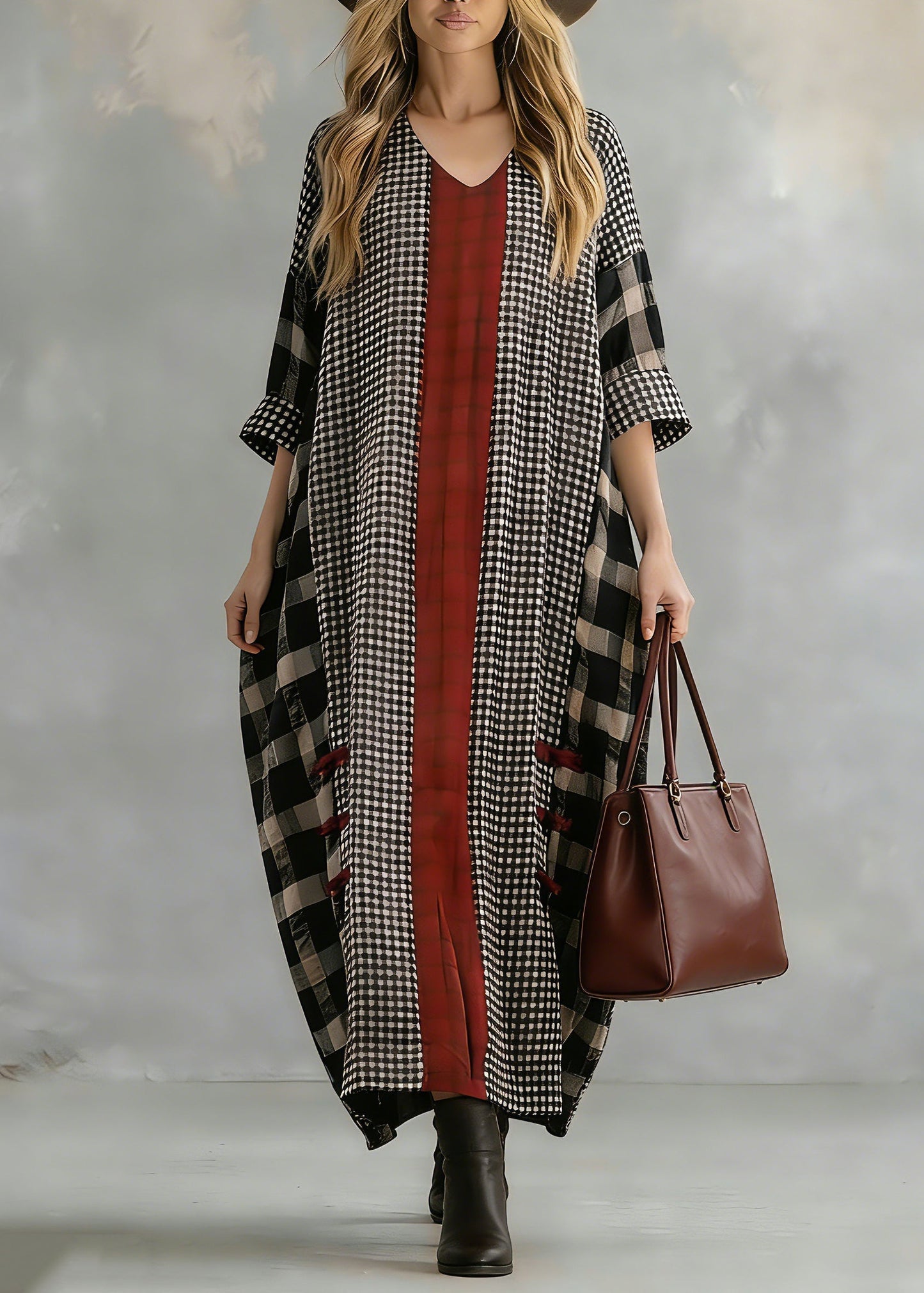 Black Plaid Autumn Loose Fitting V Neck Patchwork Traveling Clothing Vintage