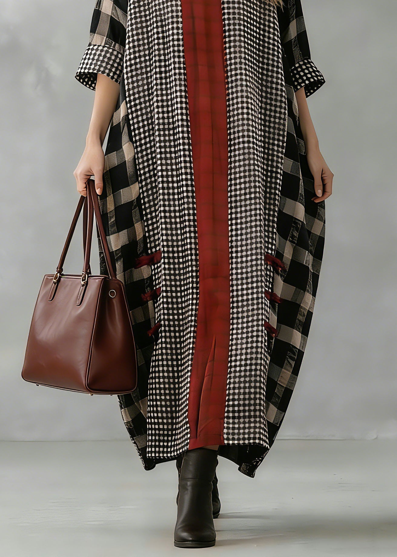 Black Plaid Autumn Loose Fitting V Neck Patchwork Traveling Clothing Vintage