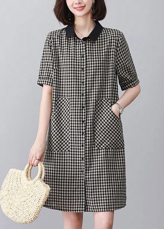 Black Plaid Side Open Mid Dresses Short Sleeve