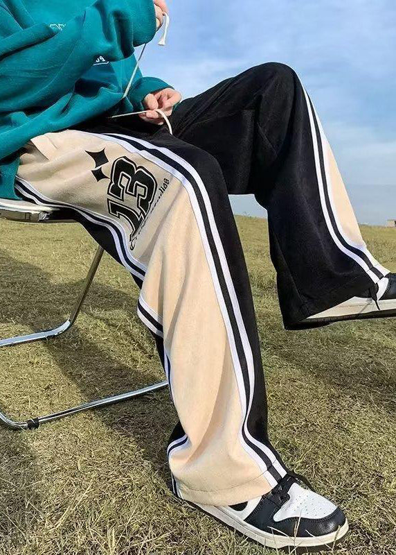 Black Print Striped Patchwork Cotton Men Pants Elastic Waist