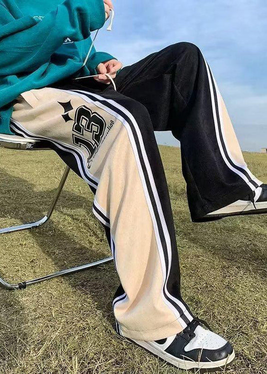 Black Print Striped Patchwork Cotton Men Pants Elastic Waist
