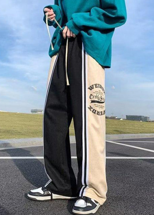 Black Print Striped Patchwork Cotton Men Pants Elastic Waist