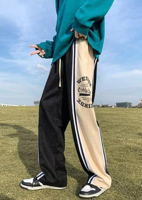 Black Print Striped Patchwork Cotton Men Pants Elastic Waist