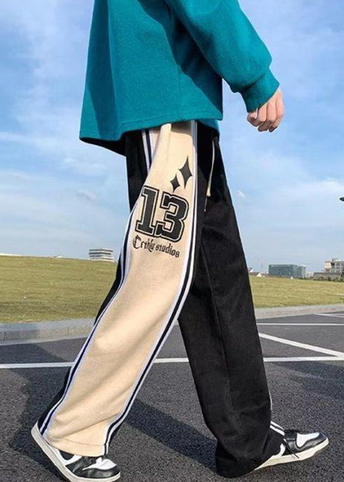Black Print Striped Patchwork Cotton Men Pants Elastic Waist