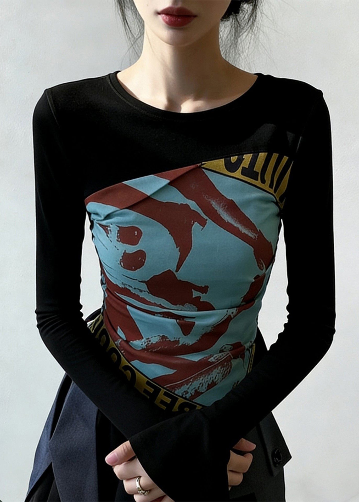 Black Print Wrinkled Patchwork False Two Pieces Cotton T Shirt Flare Sleeve