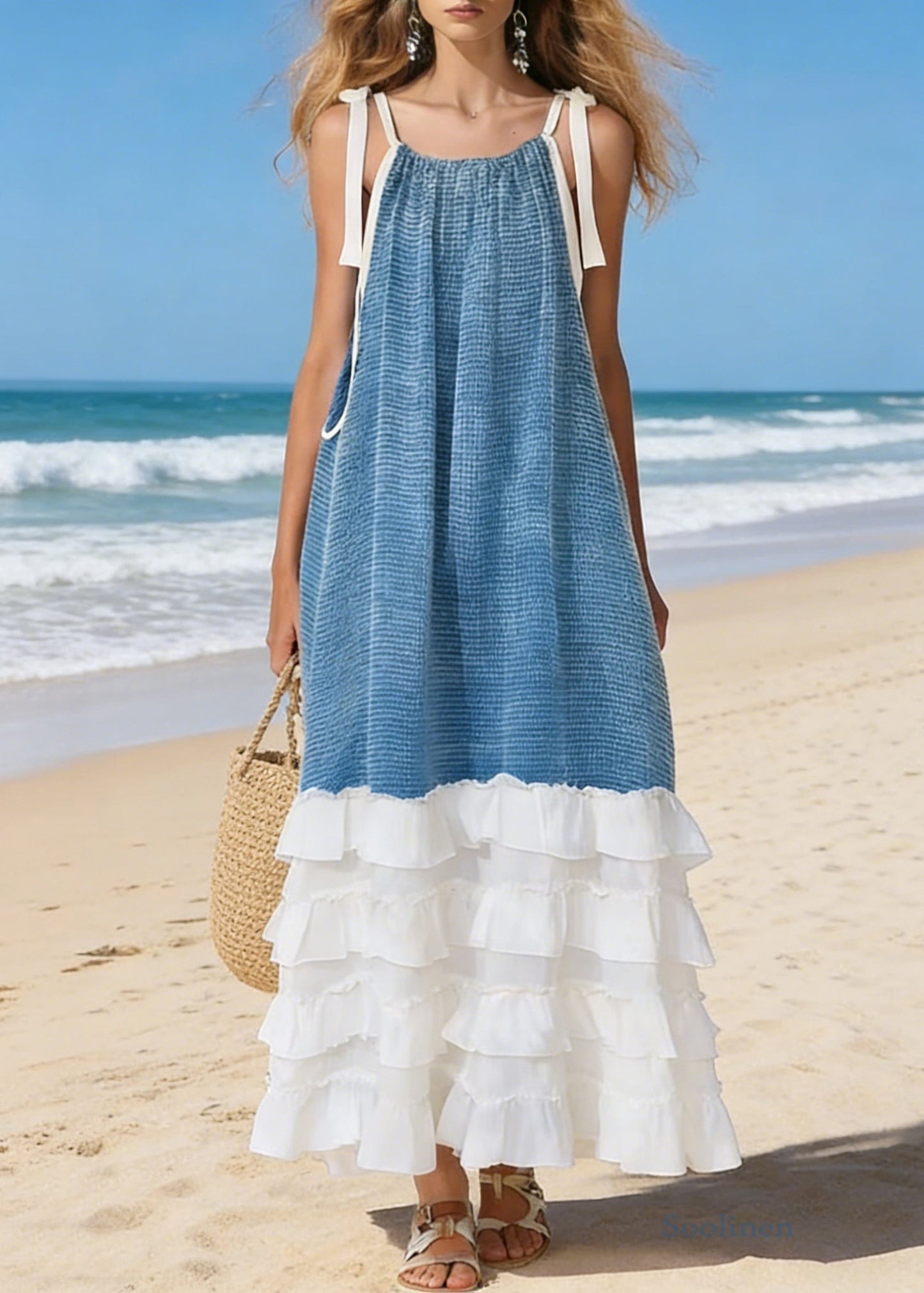 Blue Lace Up Ruffled Patchwork Cotton Spaghetti Strap Dress Sleeveless