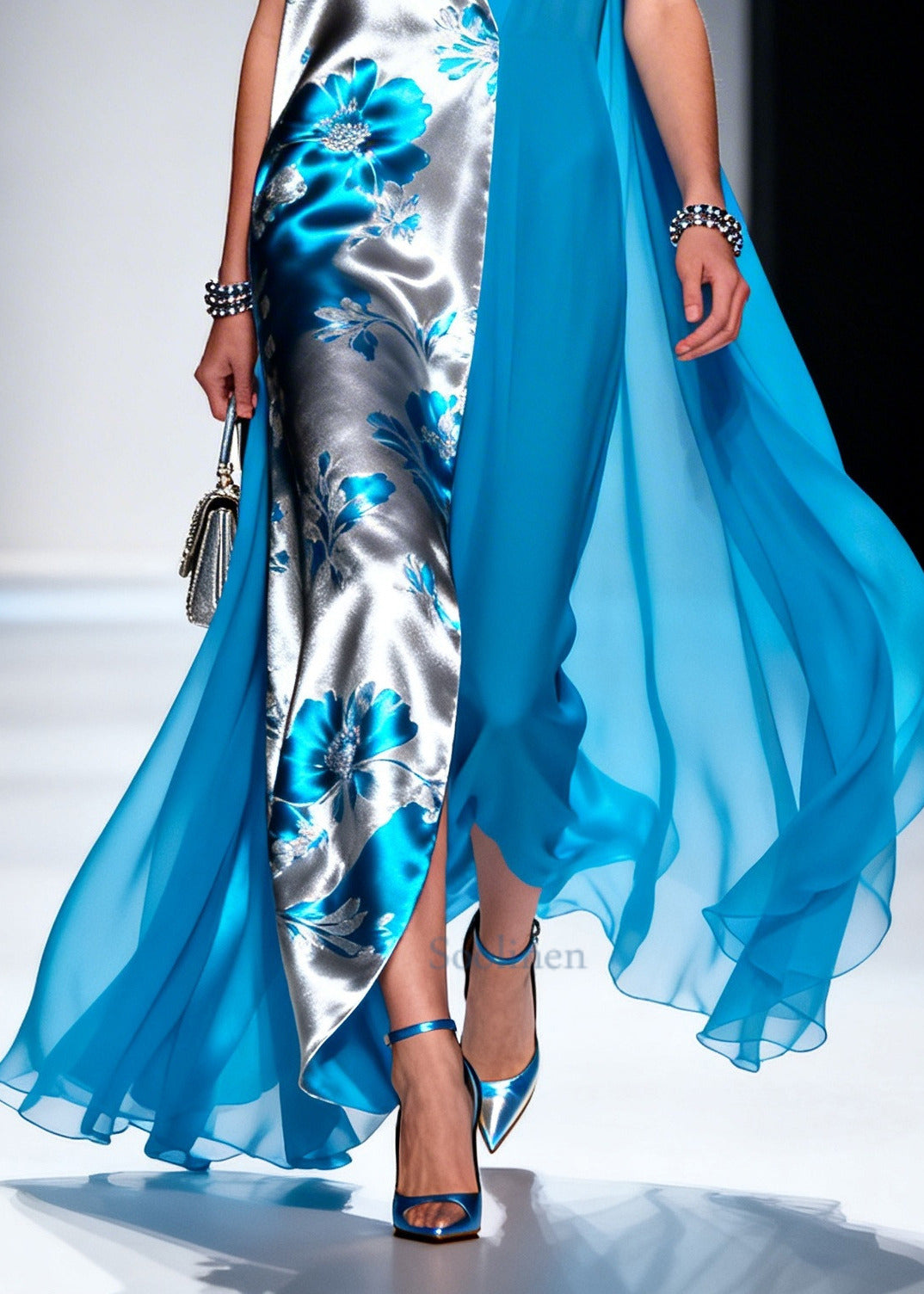 Blue Patchwork Chiffon Vacation Dresses Asymmetrical Design Sleeveless