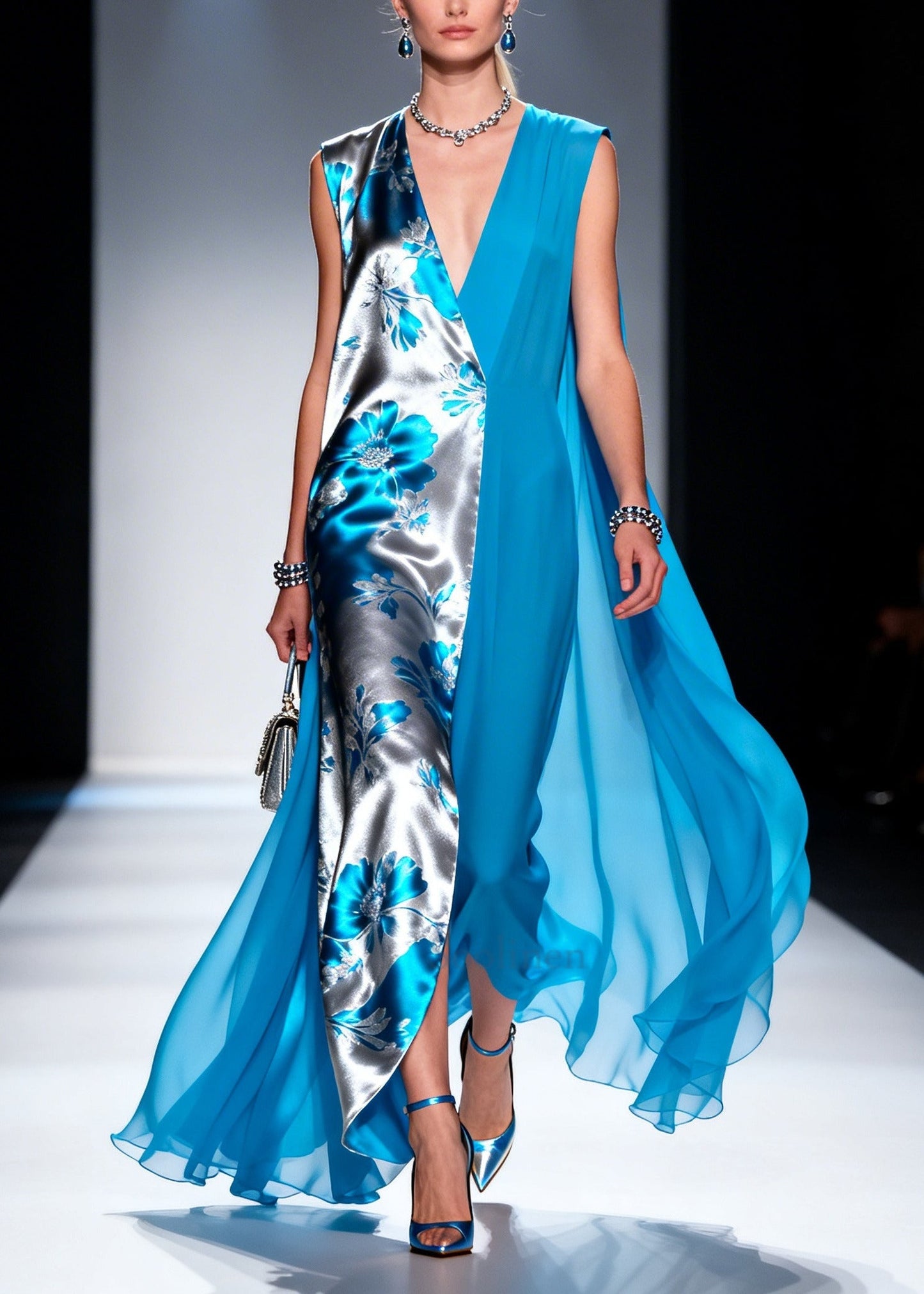 Blue Patchwork Chiffon Vacation Dresses Asymmetrical Design Sleeveless