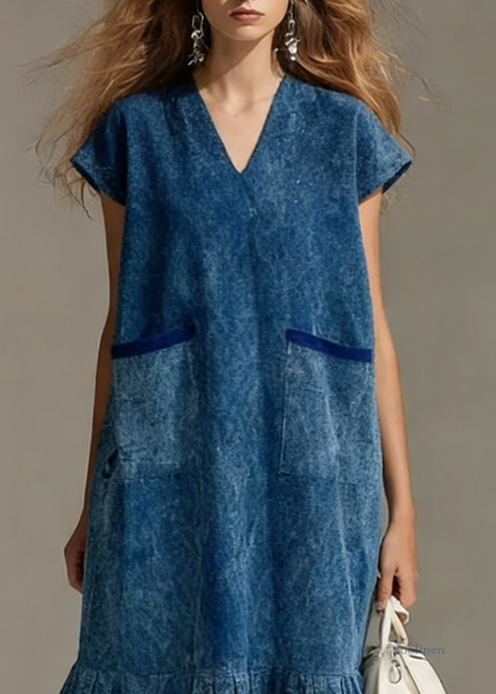 Blue Pockets Wrinkled Denim Long Dress V Neck Summer