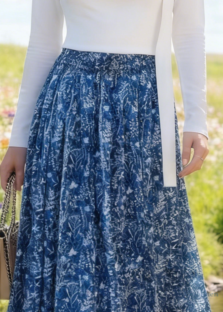 Blue Print Cotton Skirt Elastic Waist Summer