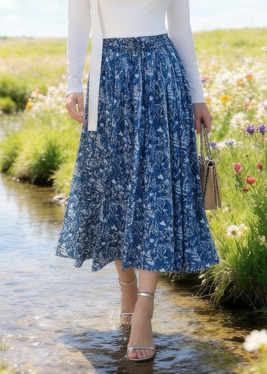 Blue Print Cotton Skirt Elastic Waist Summer