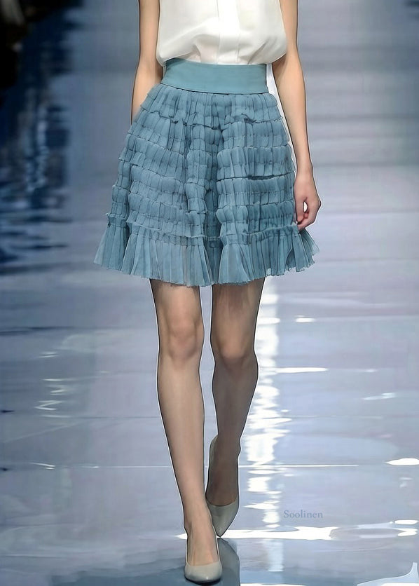 Blue Solid Elastic Waist Tulle Skirt Wrinkled