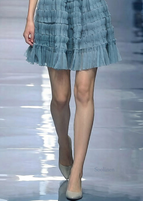 Blue Solid Elastic Waist Tulle Skirt Wrinkled