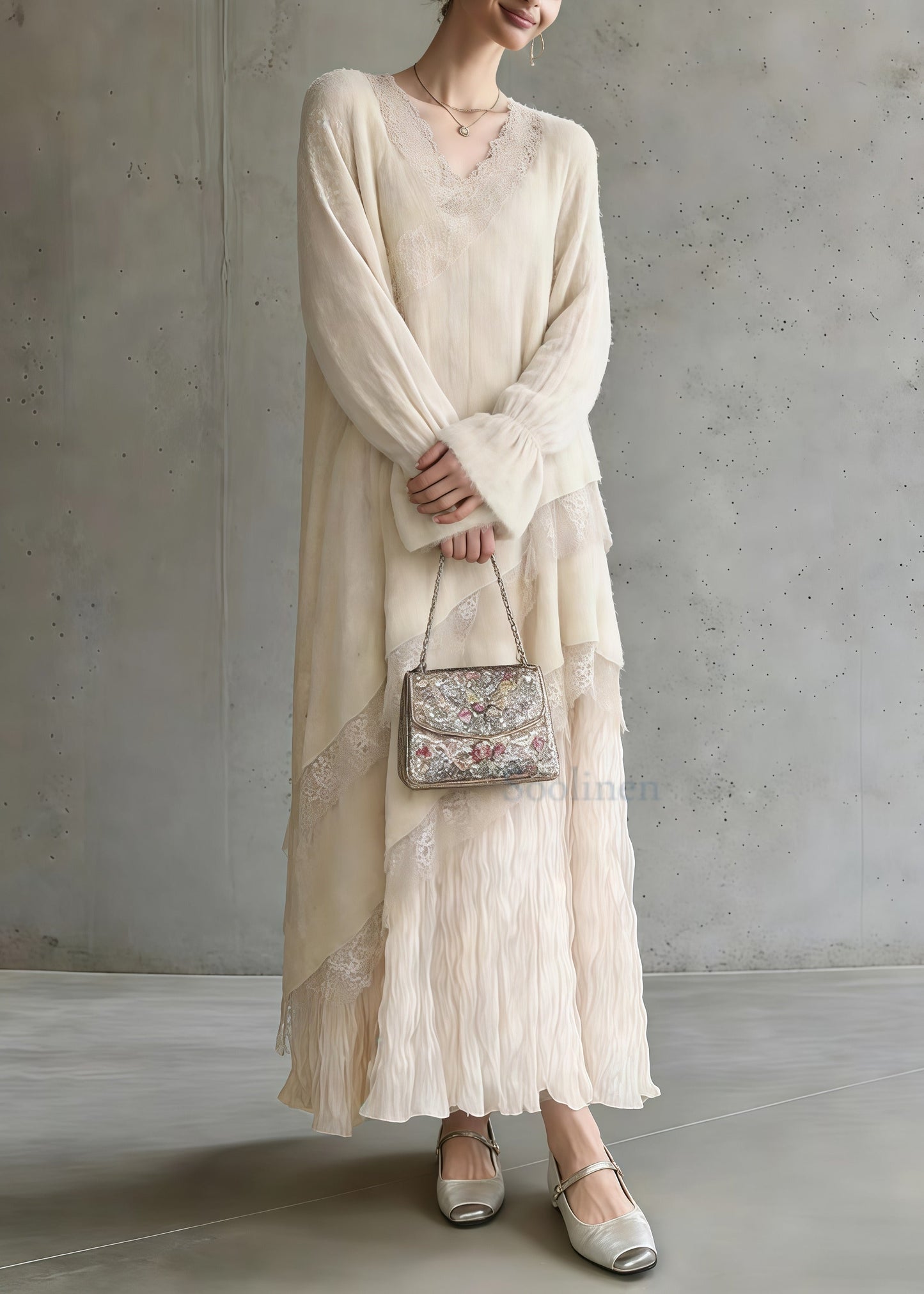 Bohemian Apricot Oversized Patchwork Lace Maxi Dress Spring