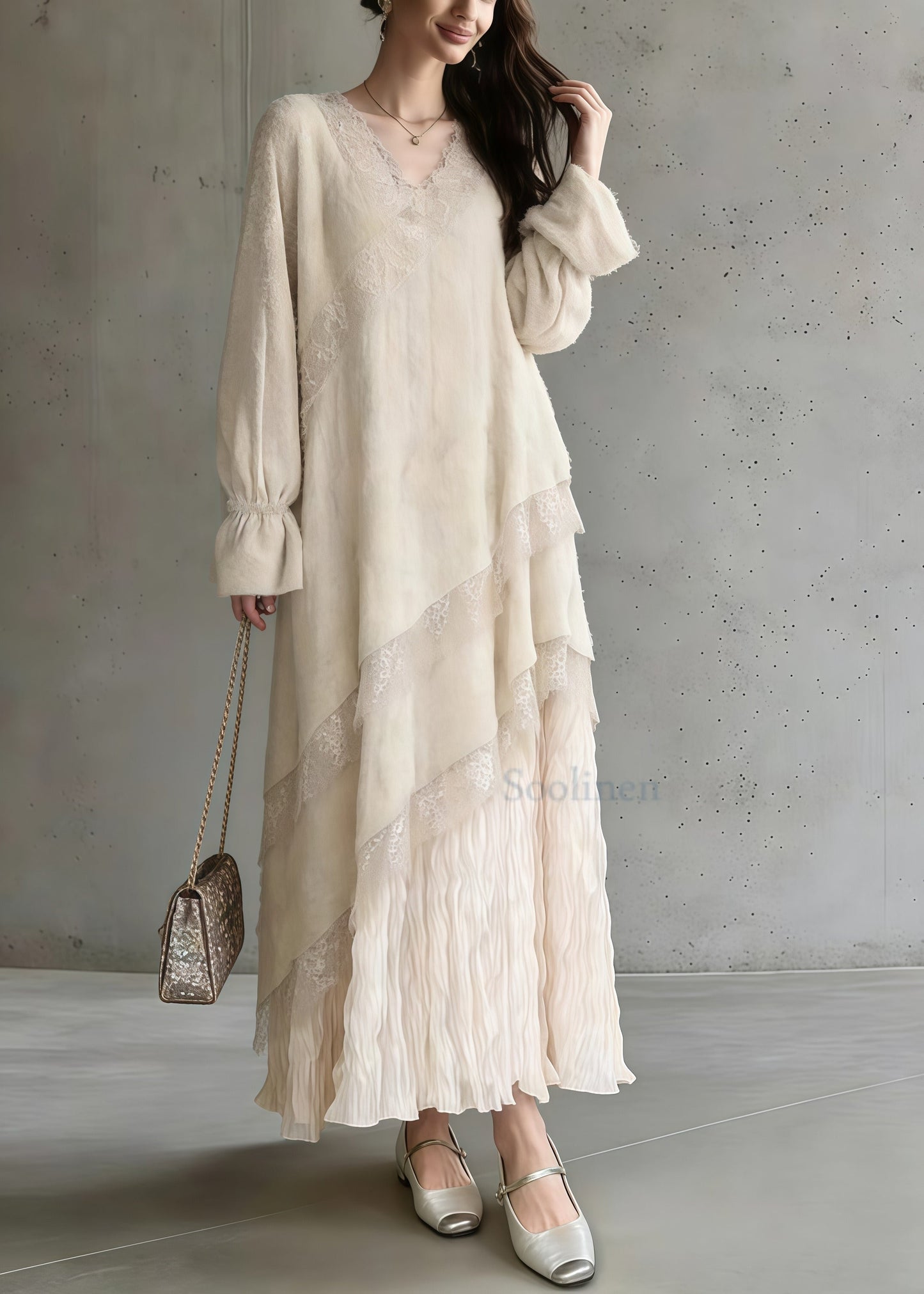 Bohemian Apricot Oversized Patchwork Lace Maxi Dress Spring