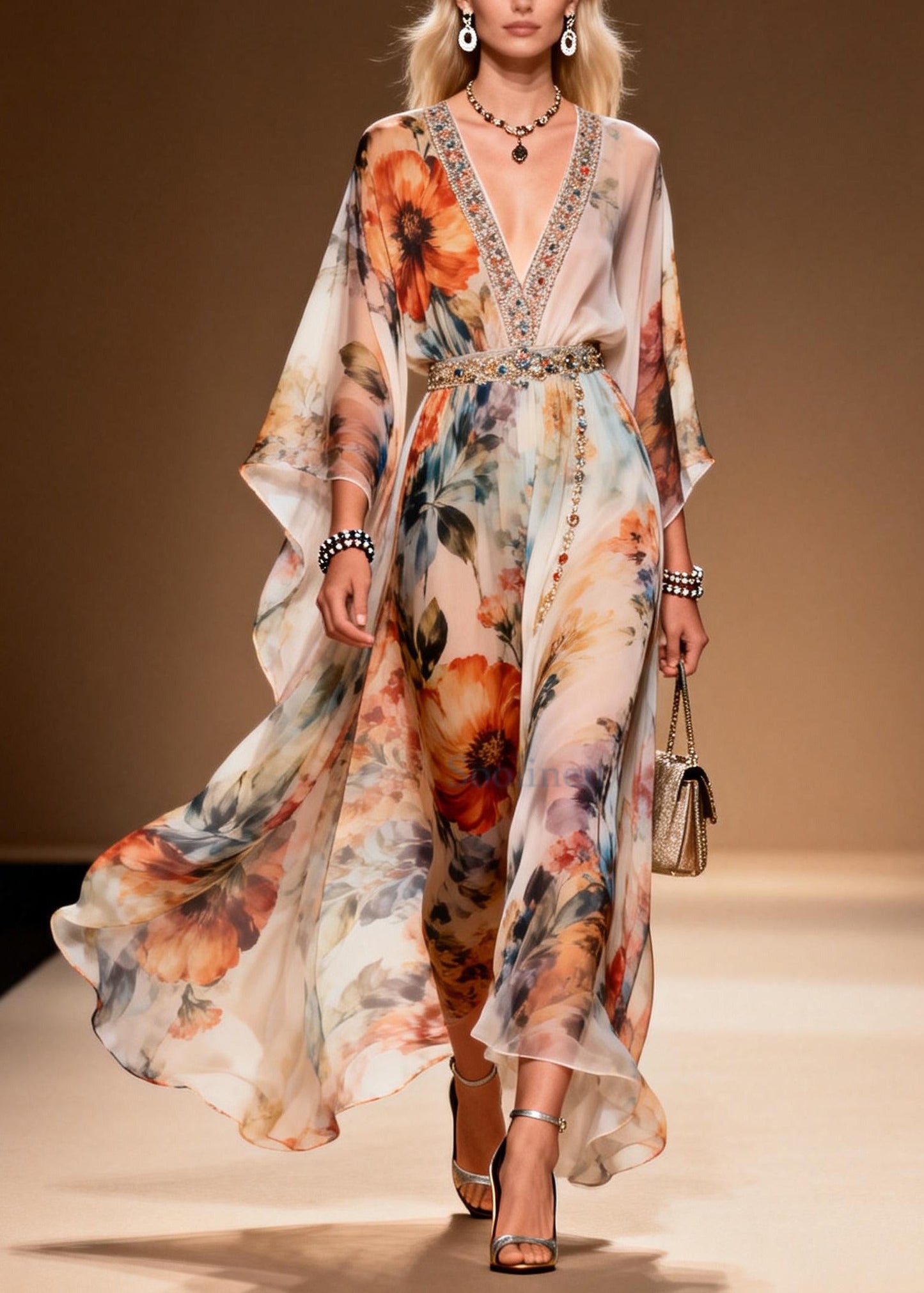 Bohemian Apricot Print Zircon Chiffon Holiday Dresses Summer
