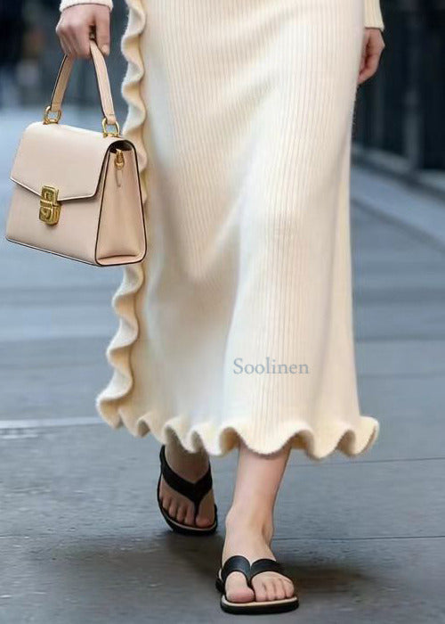 Bohemian Apricot Ruffled Knit Straight Skirt Spring
