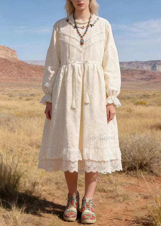 Bohemian Beige Embroidered Patchwork Lace Tunic Dresses Spring