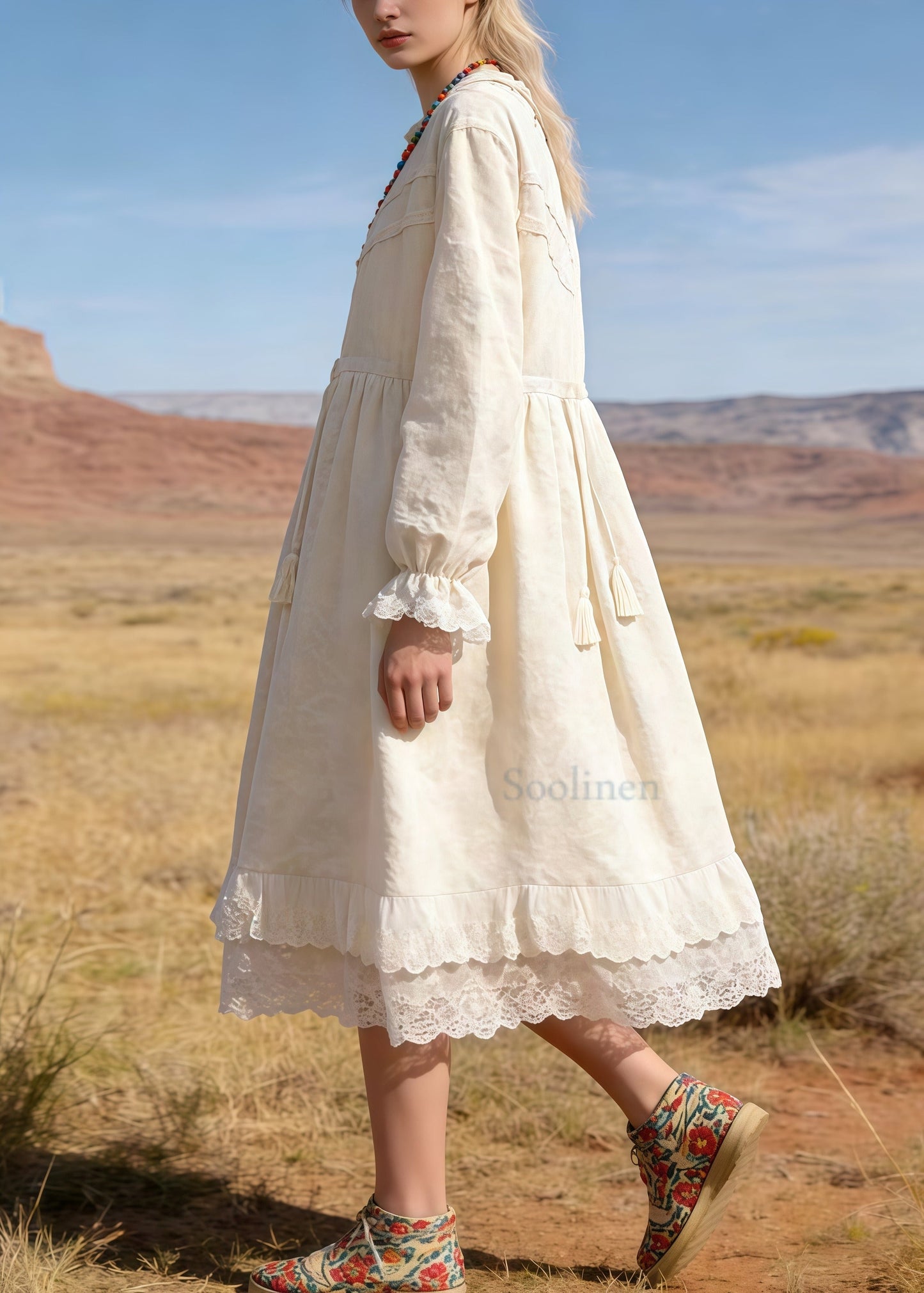 Bohemian Beige Embroidered Patchwork Lace Tunic Dresses Spring