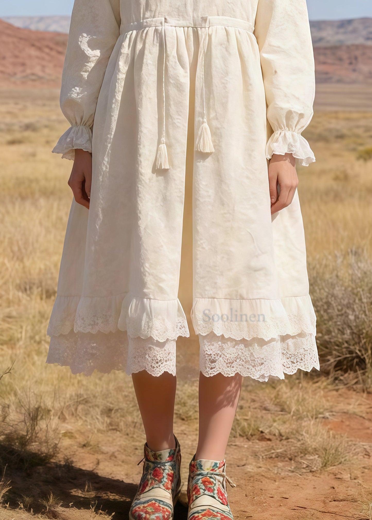 Bohemian Beige Embroidered Patchwork Lace Tunic Dresses Spring