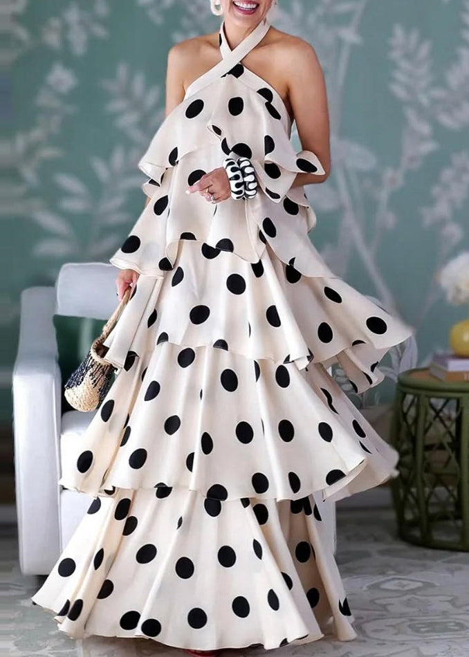 Bohemian Beige Layered Ruffled Print Cotton Halter Dresses Summer