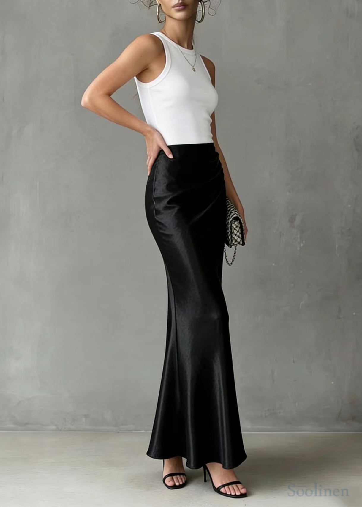 Bohemian Black Elastic Waist Draping Silk Wraped Skirt Spring