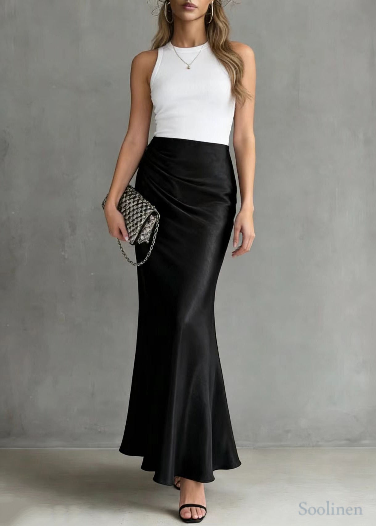 Bohemian Black Elastic Waist Draping Silk Wraped Skirt Spring
