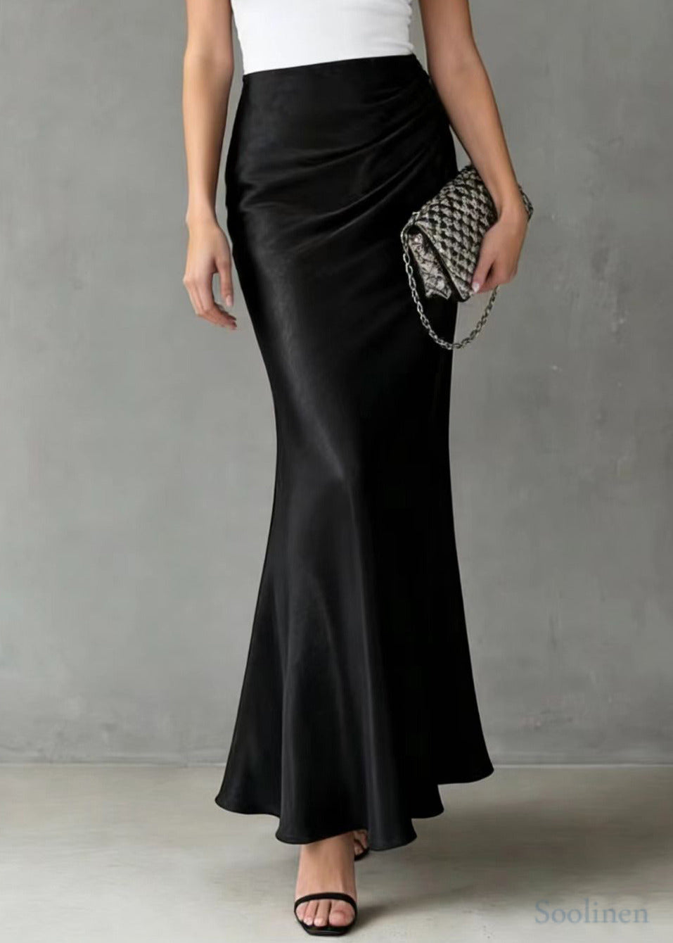 Bohemian Black Elastic Waist Draping Silk Wraped Skirt Spring