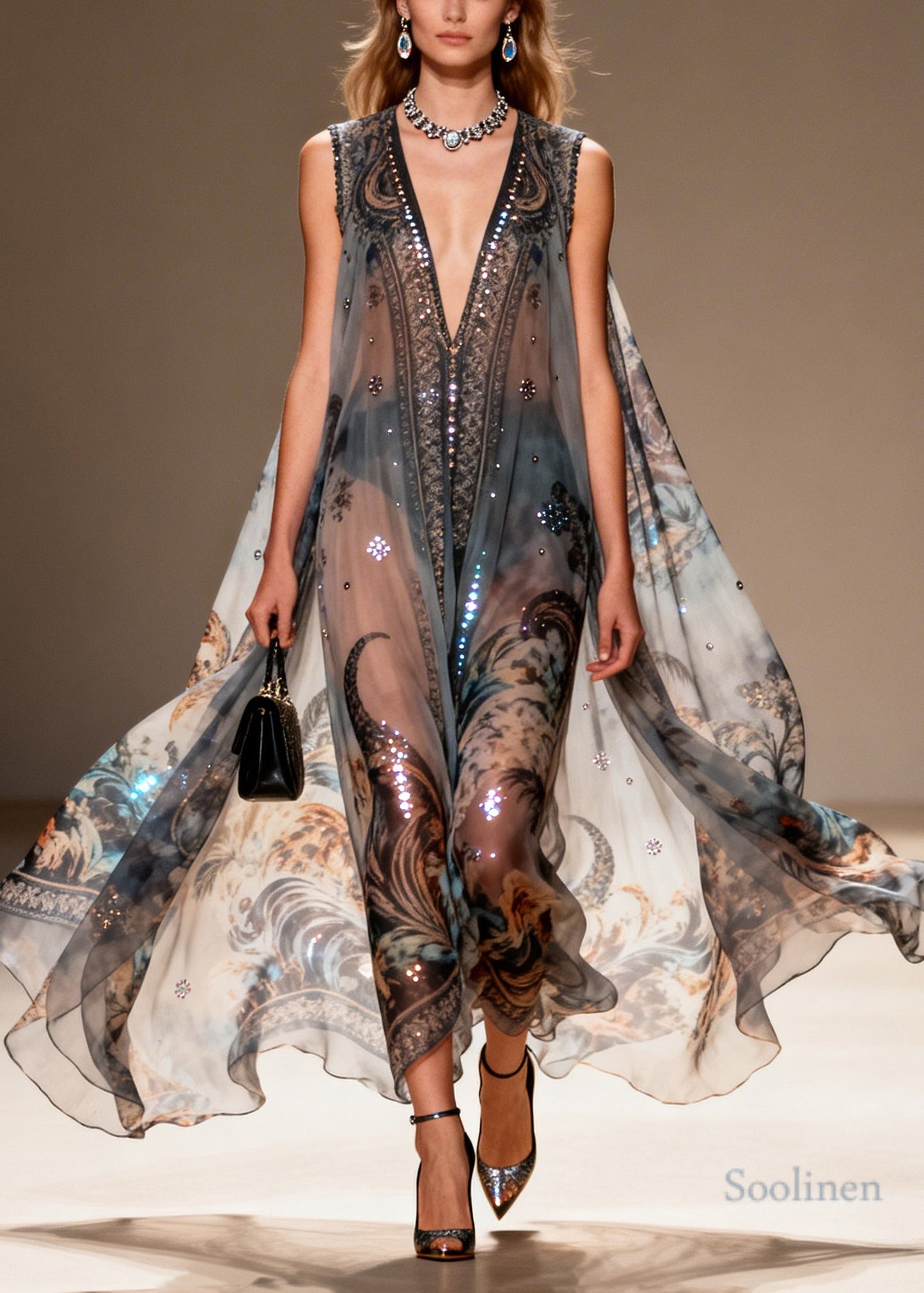 Bohemian Black Oversized Print Sparkly Chiffon Sheer Dresses Summer