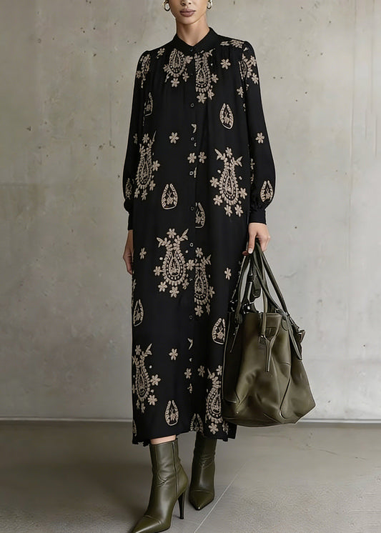 Bohemian Black Stand Collar Print Ankle Dress Lantern Sleeve