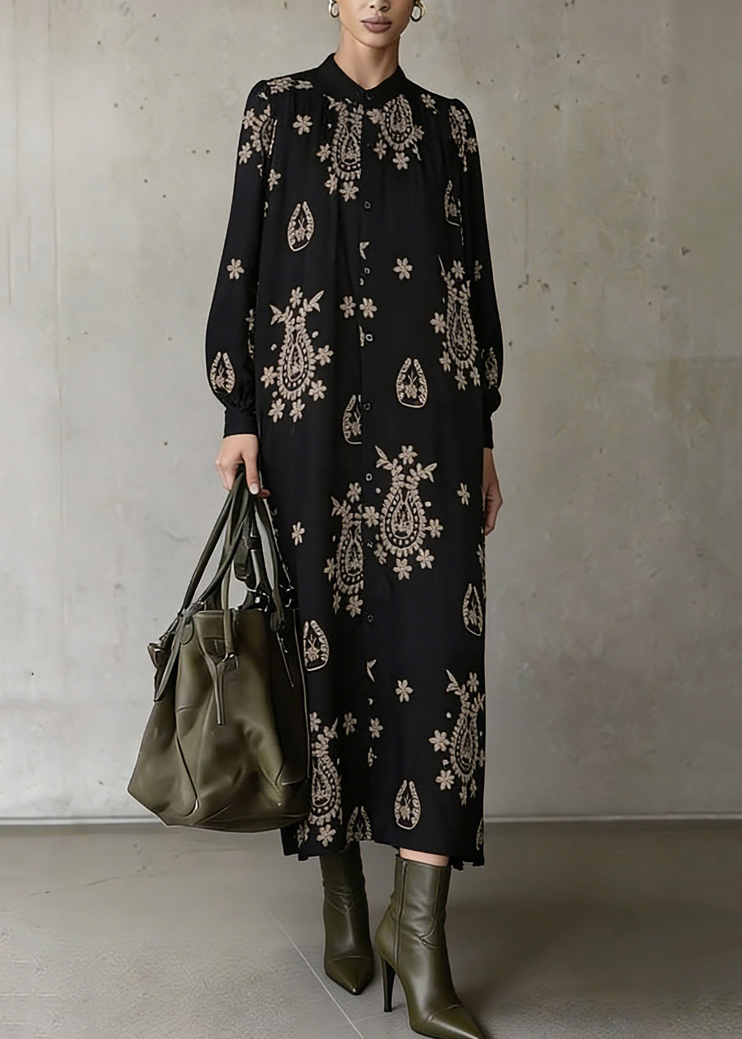 Bohemian Black Stand Collar Print Ankle Dress Lantern Sleeve