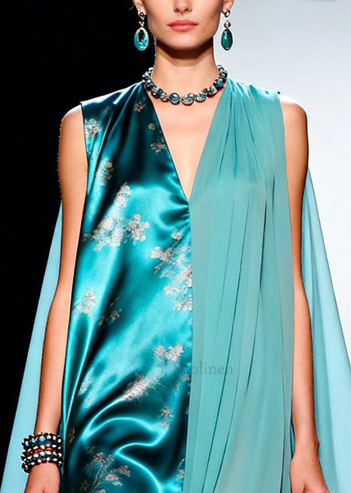 Bohemian Blue Asymmetrical Patchwork Tulle Maxi Dresses Sleeveless