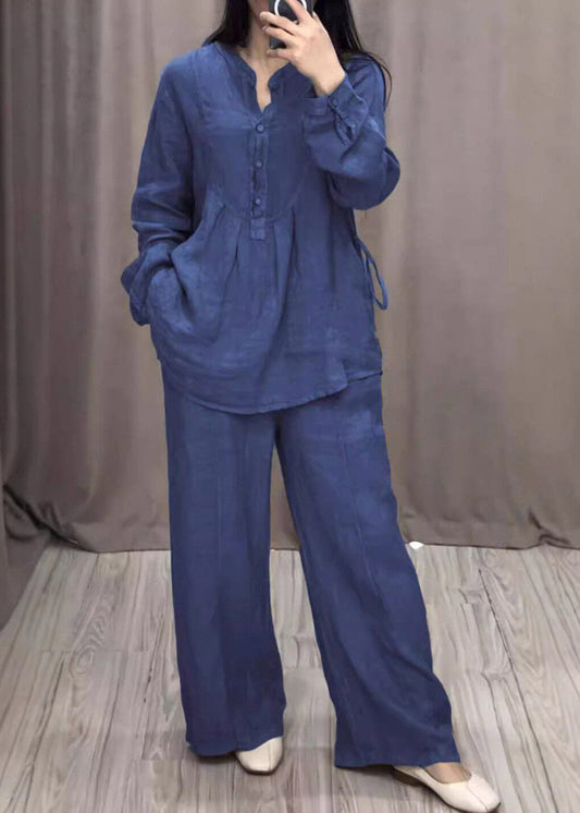 Bohemian Blue O-Neck Shirts And Wide Leg Pants Two Pieces Set Spring