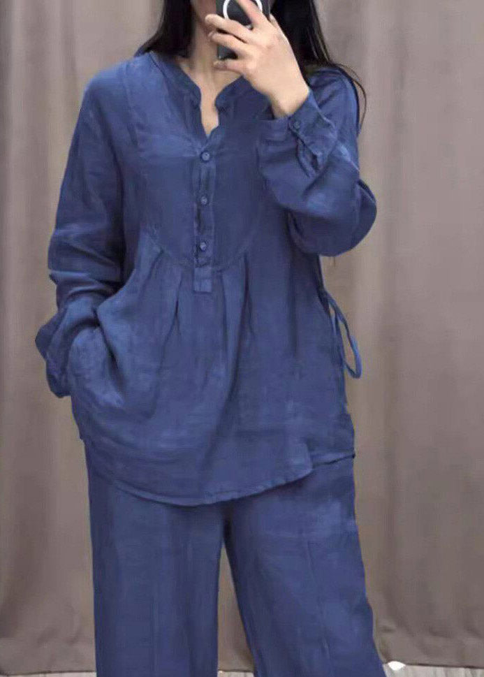 Bohemian Blue O-Neck Shirts And Wide Leg Pants Two Pieces Set Spring