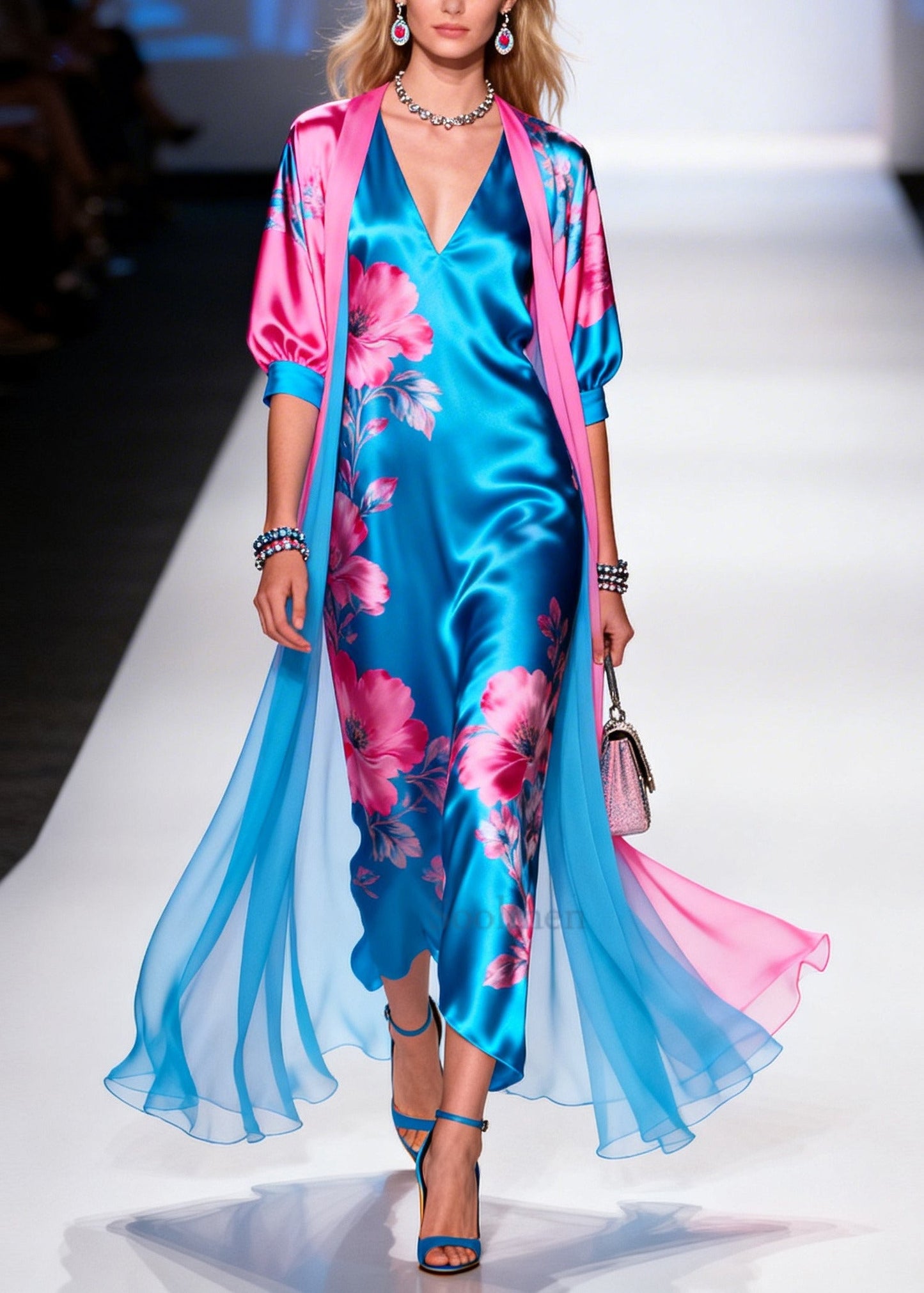 Bohemian Blue Print Draping Silk Dress And Cardigan Two Pieces Set Summer