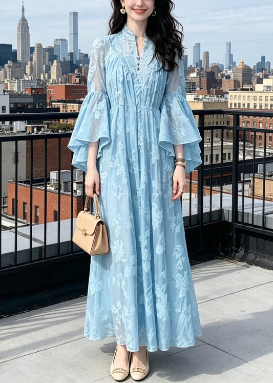 Bohemian Blue Stand Collar Patchwork Long Dresses Flare Sleeve