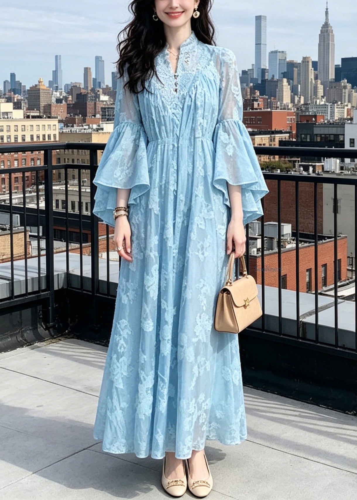 Bohemian Blue Stand Collar Patchwork Long Dresses Flare Sleeve