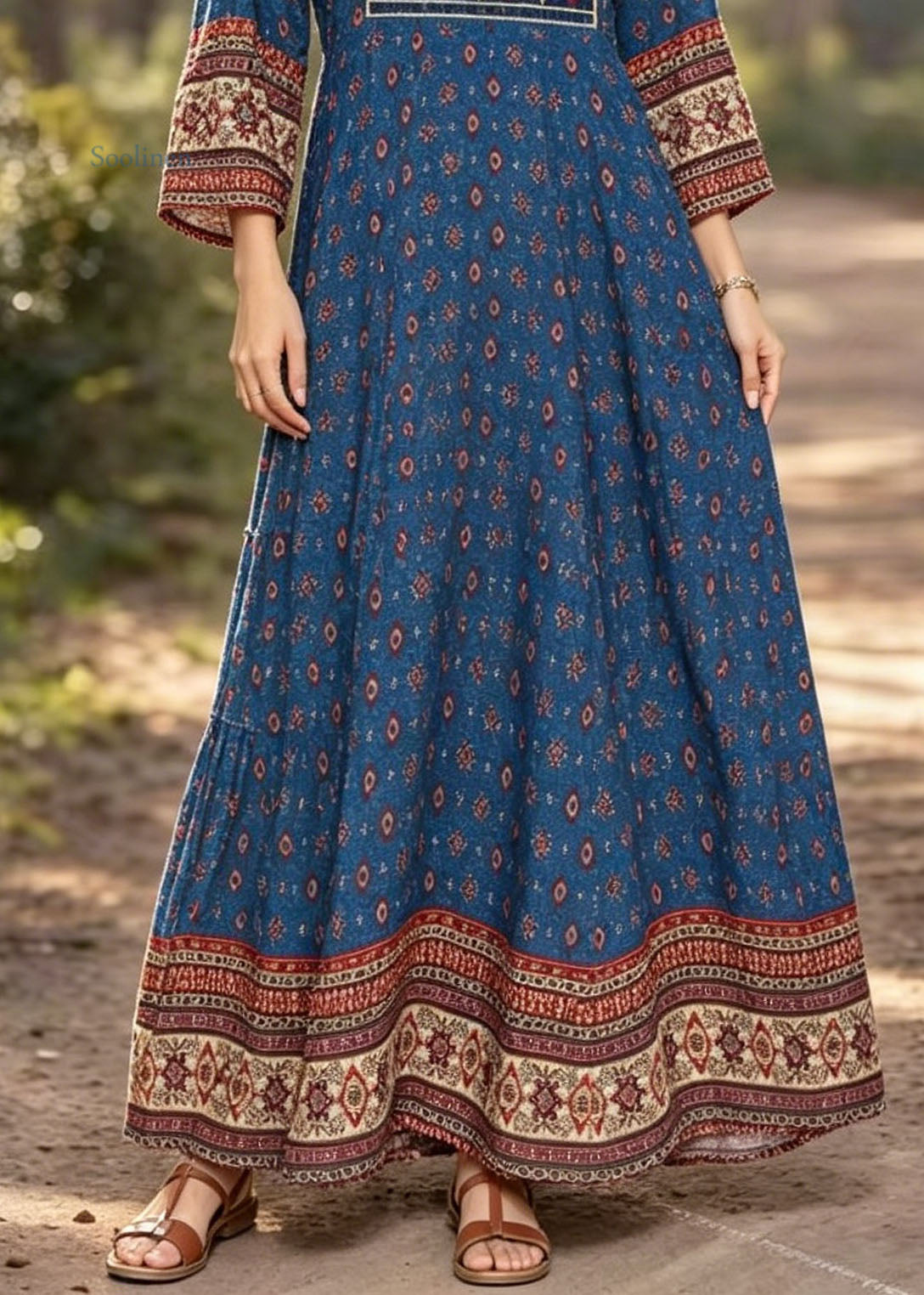 Bohemian Blue V Neck Print Cotton Long Dress Summer