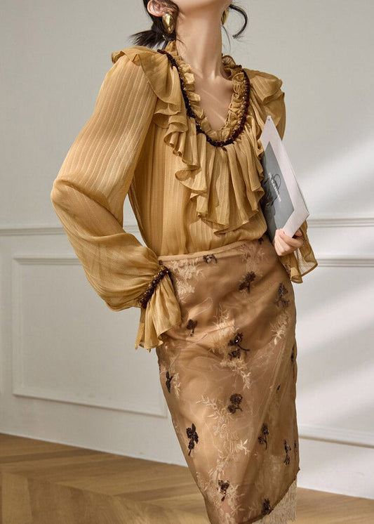 Bohemian Brown Ruffled Patchwork Shirt Flare Sleeve
