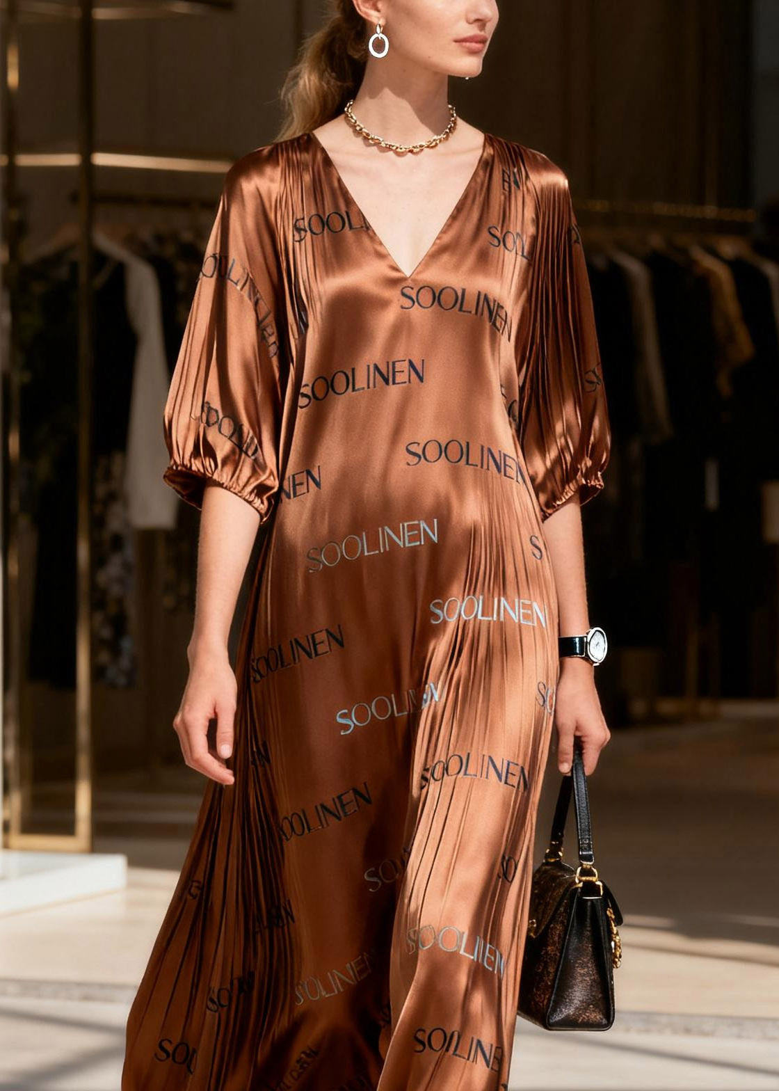 Bohemian Caramel Patchwork Silk Party Maxi Dress Lanter Sleeve