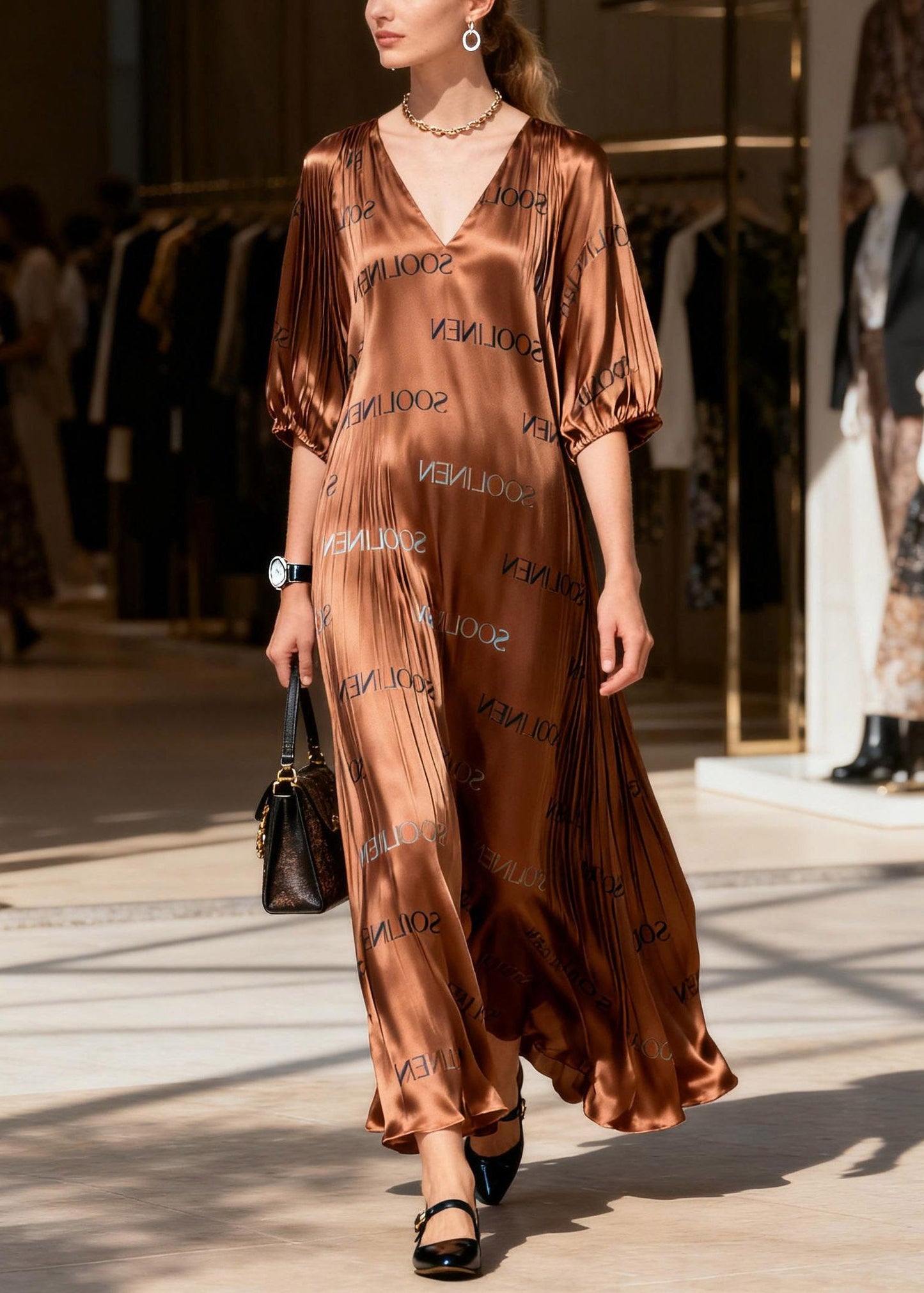 Bohemian Caramel Patchwork Silk Party Maxi Dress Lanter Sleeve