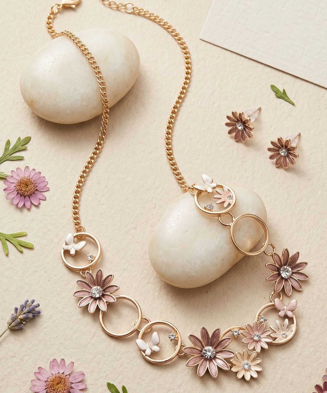 Bohemian Coffee Alloy Hollow Out Daisy Butterfly Pendant Necklace And Stud Earrings Two-Piece Set