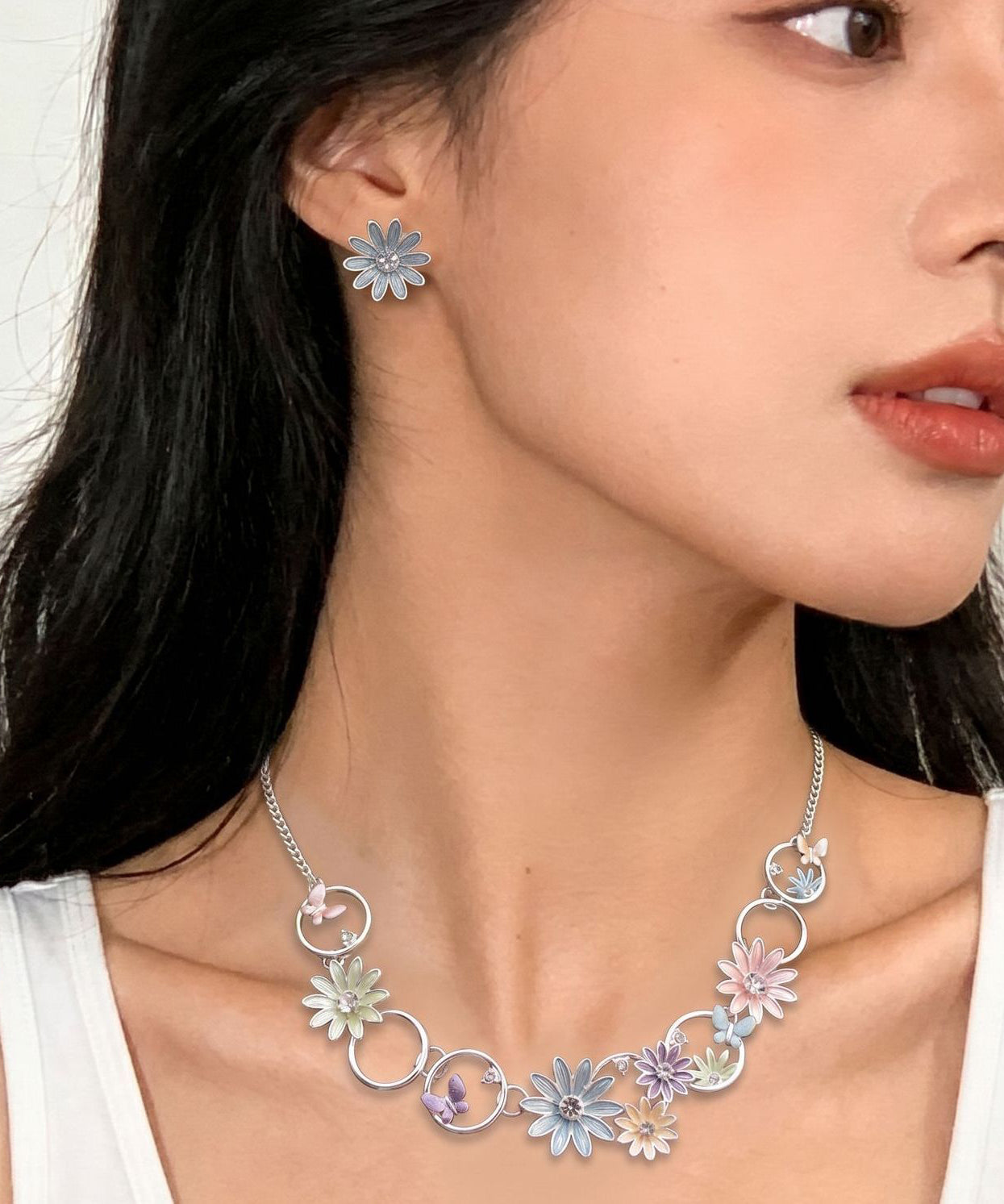 Bohemian Coffee Alloy Hollow Out Daisy Butterfly Pendant Necklace And Stud Earrings Two-Piece Set
